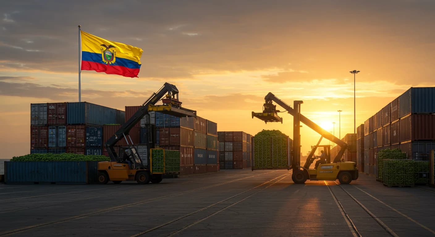 Cómo exportar banano desde Ecuador: contenedores reefer cargándose en el Puerto de Guayaquil al amanecer con bandera ecuatoriana