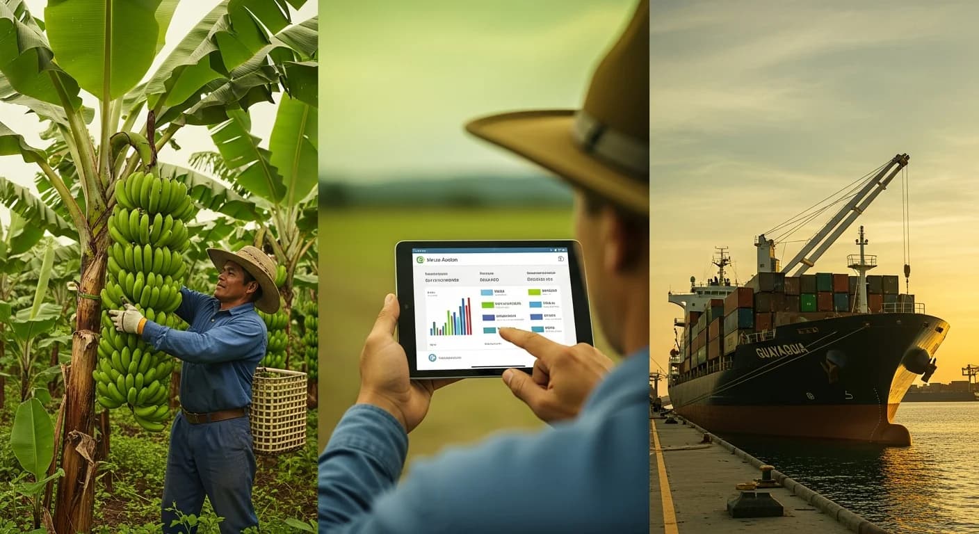 Cadena productiva del banano ecuatoriano: cosechador en plantación El Oro, productor consultando subasta digital en tablet y puerto de Guayaquil al atardecer — proceso BananAction con PMS garantizado y pago SPI directo