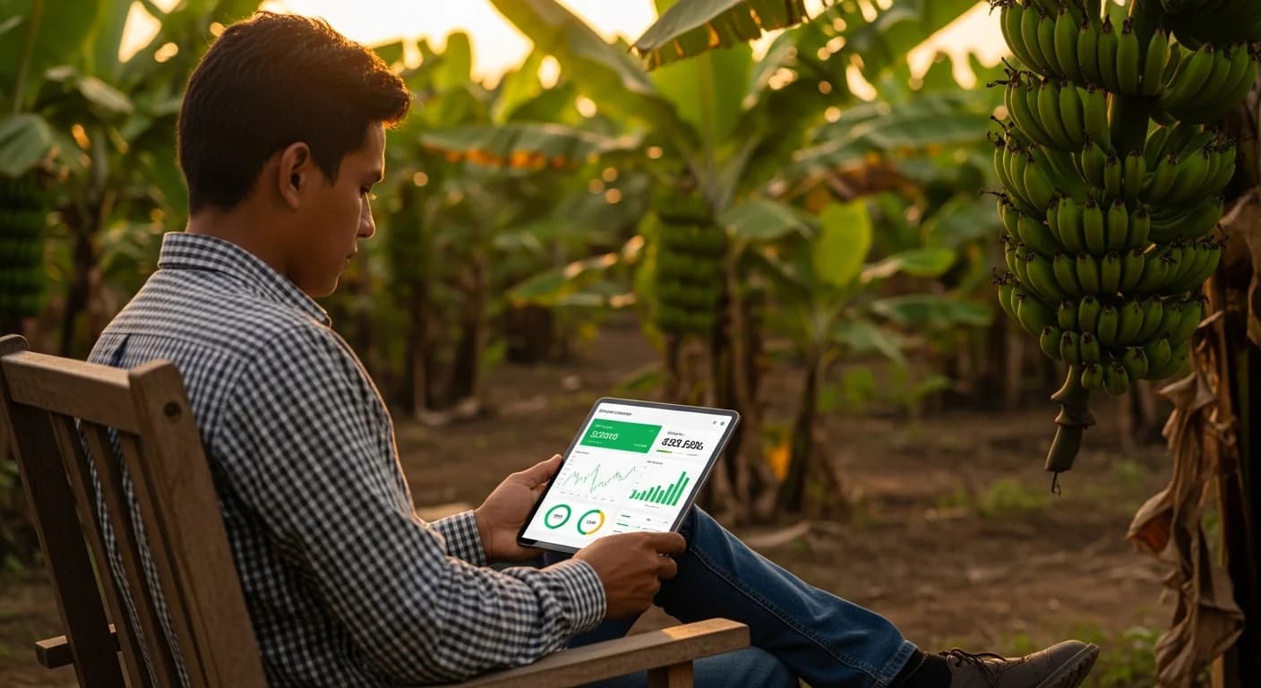 Precio del banano en Ecuador hoy: productor ecuatoriano consulta PMS 2026 y precios spot en tablet desde su plantación de Cavendish al atardecer