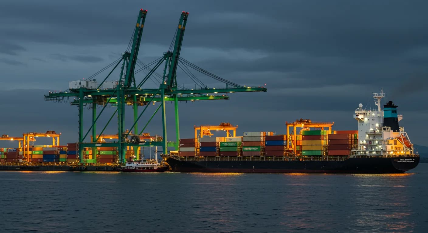 Contenedores reefer de banano ecuatoriano cargando en Puerto Bolivar al atardecer, junio 2026