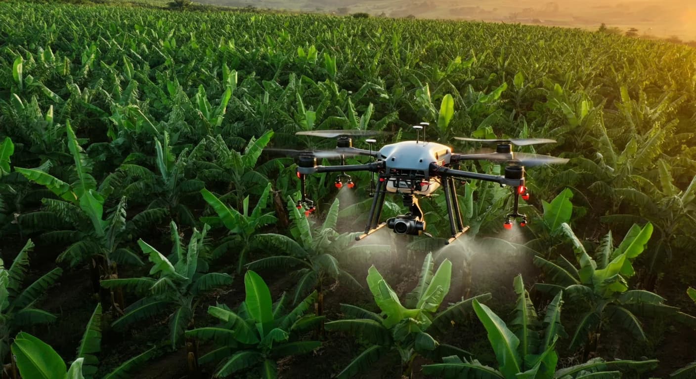 Dron agricola cuadricoptero asperjando fungicida sobre plantacion de banano Cavendish en finca de Ecuador costa al amanecer