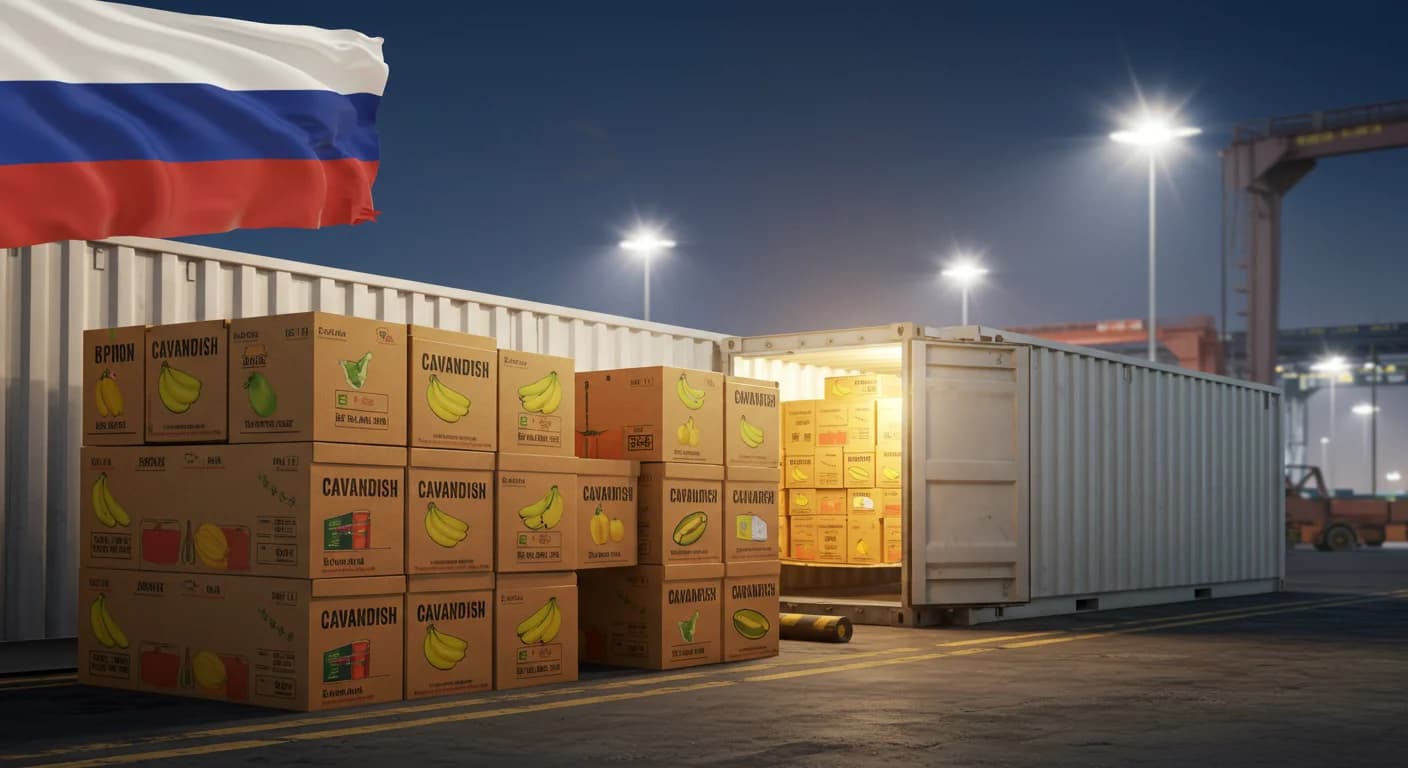 Cajas de banano Cavendish ecuatoriano cargandose en reefer container con bandera de Rusia en Puerto de Guayaquil para Saint Petersburg 2026