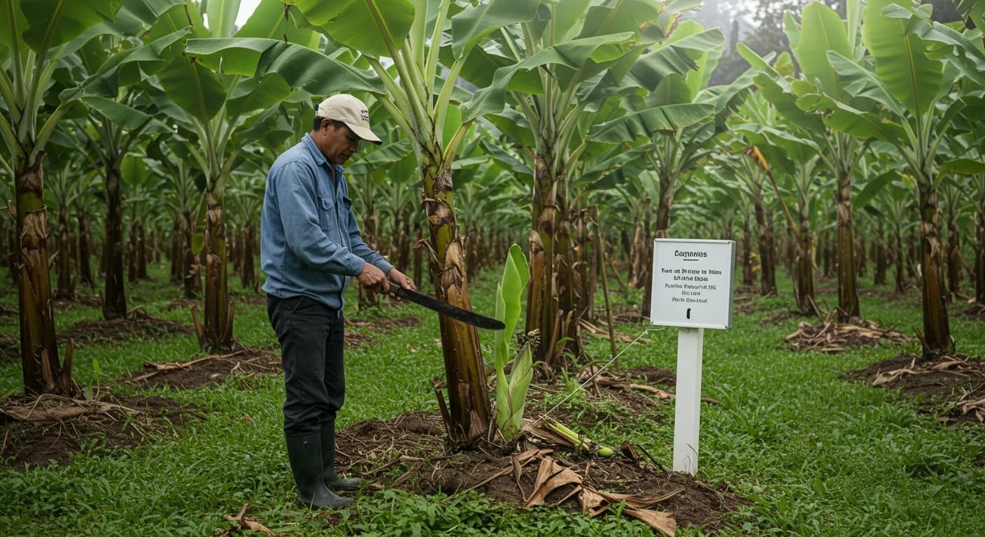 Productor ecuatoriano realizando deshije de banano Cavendish con machete desinfectado en finca de El Oro, 27 junio 2026