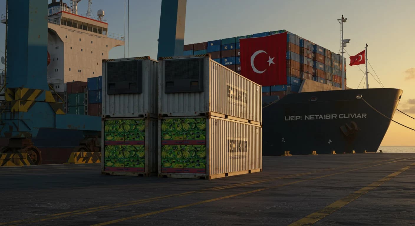 Contenedor reefer de banano ecuatoriano siendo cargado en buque destino Turquia en Puerto Bolivar Ecuador 2026