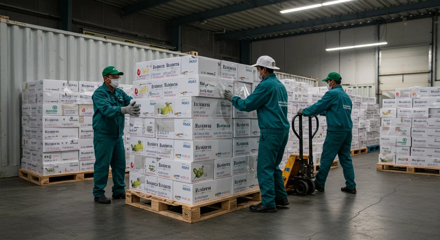 Trabajadores ecuatorianos paletizando cajas de banano Cavendish en contenedor reefer 40 HC con esquineros y fleje 2026