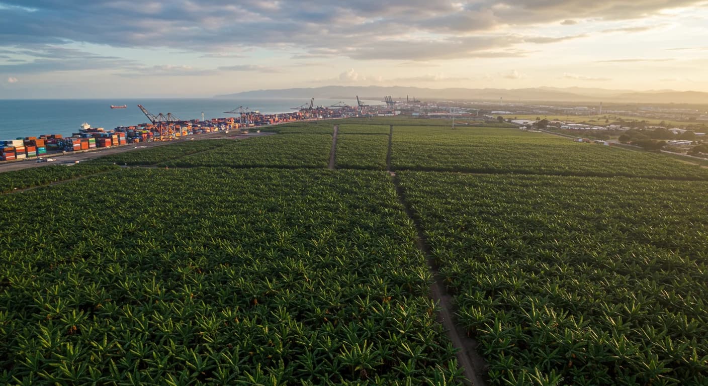 Plantacion bananera del Ecuador y puerto de Guayaquil con contenedores reefer para exportacion en el cierre del semestre 2026