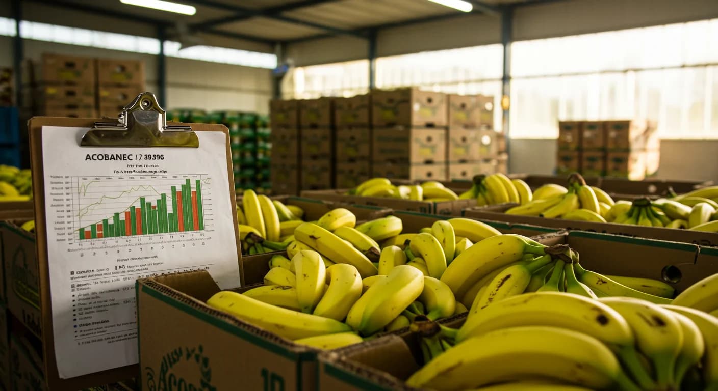 Caja de banano Cavendish 22XU en empacadora del Ecuador con reporte de precio ACORBANEC semana 27 2026
