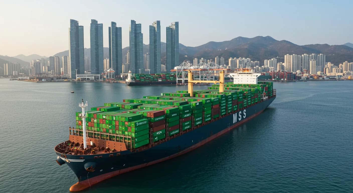 Buque portacontenedores llegando al puerto de Busan cargado con reefers de banano ecuatoriano y skyline coreano al fondo