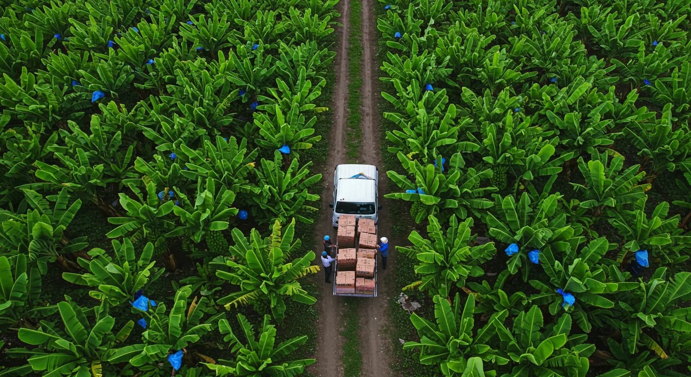 Vista aerea plantacion bananera Ecuador al amanecer con racimos Cavendish embolsados y camion de carga